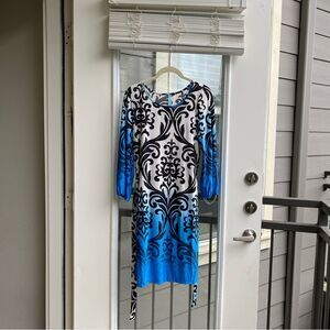 Loila Medium Paisley Print Round Neck Elastic Puff Sleeve Tie Belt Work Dress